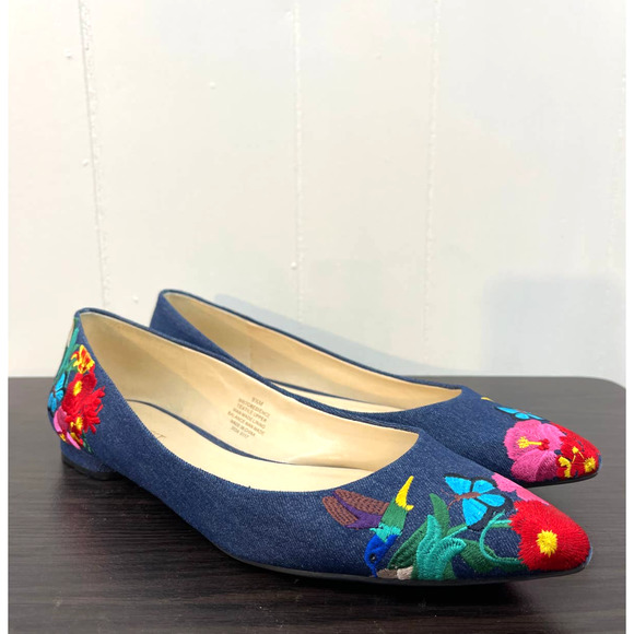 Nine West Shoes - Nine West Flats Obedience Womens Blue Denim  Size 9.5 Floral Embroidered